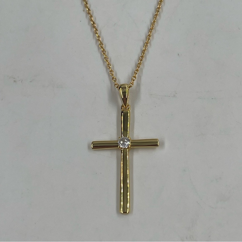 20” Sterling Silver 925 Chain Gold Tone Cross Tiny Crystal Gem Pendant Necklace